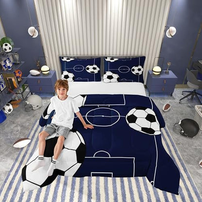 Castle Fairy Football Bed Comforter Set Queen Size,Kids Soccer Sports Theme Super Soft Microfiber Bedding Set for Boys Teens,Dark Blue Ball Gaming Comforter Set Bedroom Decor,2 Pillowcases