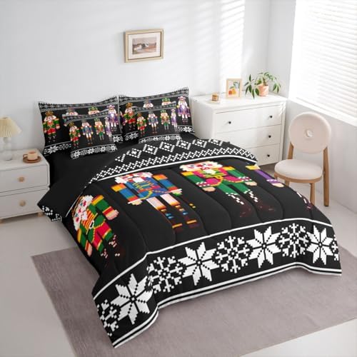Erosebridal Nutcracker 7 Pcs Comforter Set Full Size, Retro Xmas Bedding for Kids Boys, Colorful Scandinavian Christmas Snowflakes Bed in A Bag Sheet Set, Black White Winter Duvet Insert