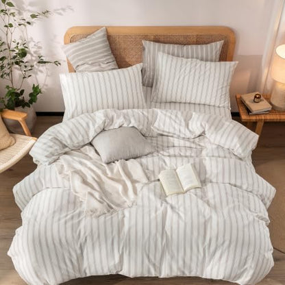 BESTOUCH Striped Cotton Duvet Cover Set Linen Feel Twin