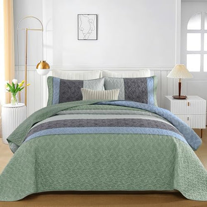 Cottolester Boho Queen Quilt Set,Grey Green Summer Striped Bedspreads Set