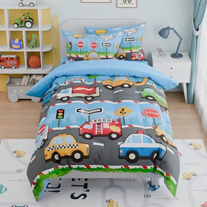 Transportation Kids Bedding Set for Boys, Ultra Soft Microfiber Comforter Set Twin Size with 3-Pieces, Comforters Bed Sets for Boy Children Kids