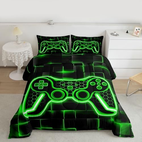 Feelyou Kids Gamer Comforter Set King Size Green and Black Bedding Set for Boys Teens Decor Gaming Ombre Comforter Geometric Square Duvet Set 3Pcs