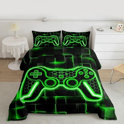 Feelyou Kids Gamer Comforter Set King Size Green and Black Bedding Set for Boys Teens Decor Gaming Ombre Comforter Geometric Square Duvet Set 3Pcs