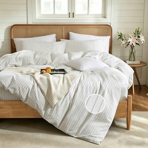 Striped Duvet Cover Set 3 Piece 100% Washed Cotton Linen Like Textured Bedding Comfy Breathable Lightweight (Queen, Wide Stripe-White/Green)