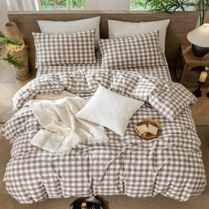 MooMee Gingham Duvet Cover Set 100% Washed Cotton Linen Like