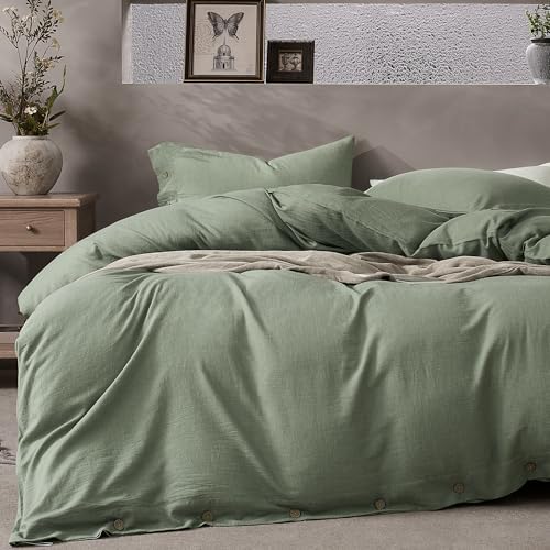JELLYMONI Cotton Duvet Cover King Size - Sage Green Comforter Cover with Button 100% Washed Cotton 3PCS Breathable Soft Solid Bedding Set Duvet Cover 104×90in & 2 Pillowcases (NO Comforter)