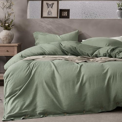 JELLYMONI Cotton Duvet Cover King Size - Sage Green Comforter Cover with Button 100% Washed Cotton 3PCS Breathable Soft Solid Bedding Set Duvet Cover 104×90in & 2 Pillowcases (NO Comforter)