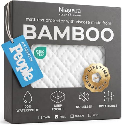 100% Waterproof Full Mattress Protector - 360 Pad Protection Against Spills, Stains & Accidents for Parents & Pet Owners - Noiseless & Cooling Viscose Made from Bamboo (White)