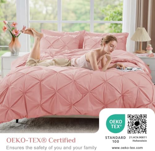 JOLLYVOGUE California King Comforter Set 7 Pieces - Bed in a Bag Cal King for All Season, Pintuck Bedding Comforter Sets with Comforter, Flat Sheet, Fitted Sheet and Pillowcases & Shams, Pink
