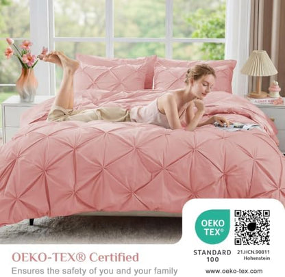 JOLLYVOGUE California King Comforter Set 7 Pieces - Bed in a Bag Cal King for All Season, Pintuck Bedding Comforter Sets with Comforter, Flat Sheet, Fitted Sheet and Pillowcases & Shams, Pink