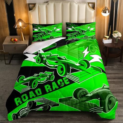 Erosebridal Race Car Twin Size Bedding Set for Boys Sports Car Comforter Set Cool Racing Car Bed Set for Boys Girls Kids Toddler,Black Green Race Cars Gamer Bedding Sets Car Bedroom Decor 2Pcs