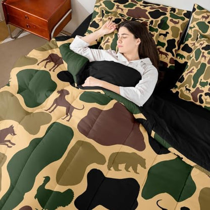 Erosebridal Hunt Bear 7 Piece Bedding Set Twin Camo Comforter Set with Sheets Wolf Turkey Deer Hound Print Bed in a Bag Yellow Brown Camouflage for Kids Boys Girls