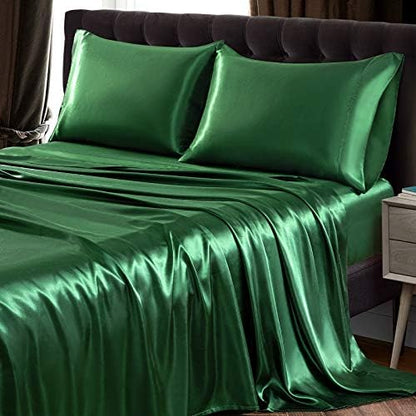 SiinvdaBZX 4Pcs Satin Sheet Set Full Size 15-Inch Deep Pocket Emerald Green