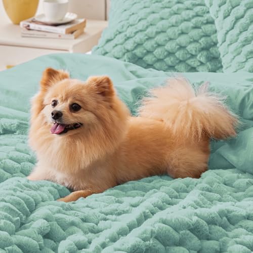 BEDELITE Fluffy King Size Comforter Set, Haze Blue Fleece Bed Set 3 Pieces