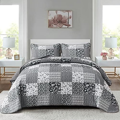 Mybedsoul Boho Quilt King Size, Patchwork Bedding Set, Black Grey