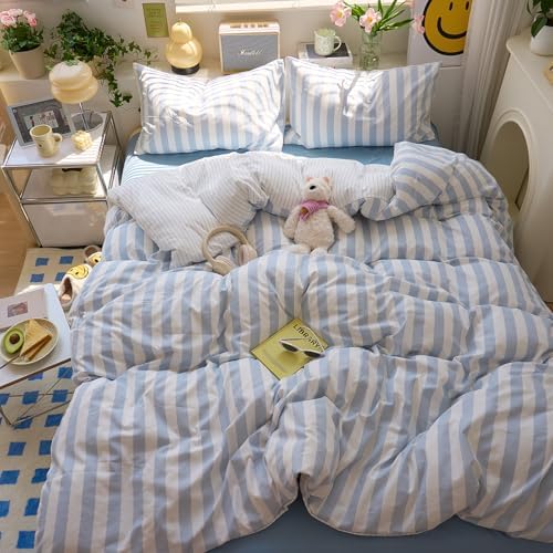 VM VOUGEMARKET Blue Striped Duvet Cover Twin Size Kids Boys Simple Bedding Set Blue White Stripes Duvet Cover with 2 Pillowcases Soft Lightweight Microfiber Farmhouse Comforter Cover-68 x86