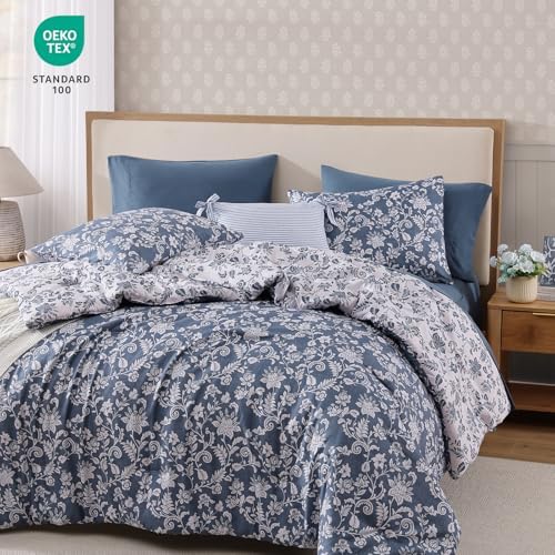 BLOOMHAVEN King Size Comforter Set-7 Pieces Blue Floral Bed in a Bag King