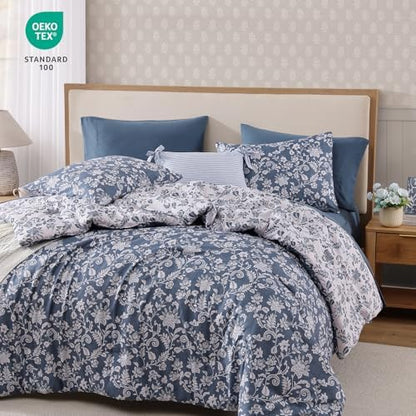 BLOOMHAVEN King Size Comforter Set-7 Pieces Blue Floral Bed in a Bag King