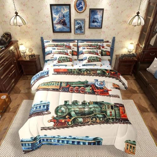 Erosebridal Boys Train Queen Bed in A Bag for Home, Vintage Steam Train Comforter Set with Sheets, Steam Engine 7-Piece Bedding Set, Transportation Vehicle Bed Sets for Kids Teen Men Bedroom