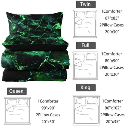 Nttopship Green Comforter Set Twin Size，Green Marble Bedding Set 3 Pcs Bedding for Adults, Marble Room Decor with Comforter and 2 Pillowcases Soft and Lightweight B-Side Black