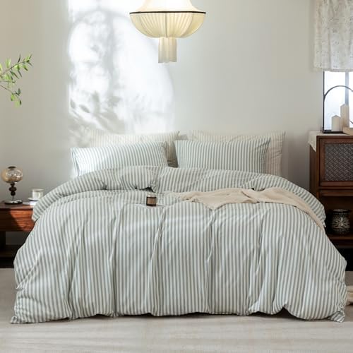 FOSSA Striped Duvet Cover Set 100% Washed Cotton Linen Feel Full