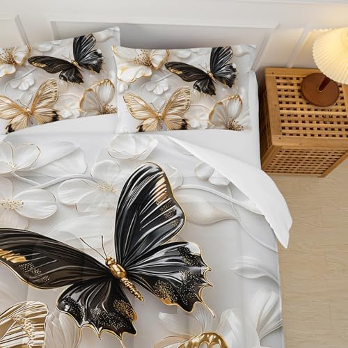 Luxury 3D Butterfly Comforter Set Full Size for Teen Boys Girls,Black and Goldern Butterfly Bedding Set,White Floral Print Quilt Set for Adults Women Bedroom Decor