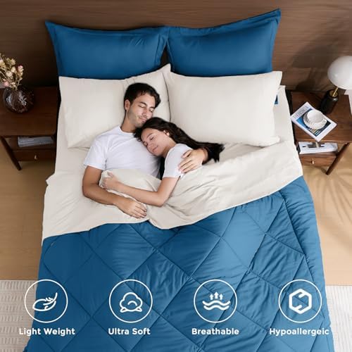 HEVUMYI 7-Piece Queen Comforter Set, Teal Blue & Ivory Bed in a Bag