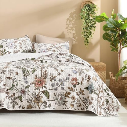 Litanika Floral White Quilt King - 3Pcs Botanical Birds Bedding Set