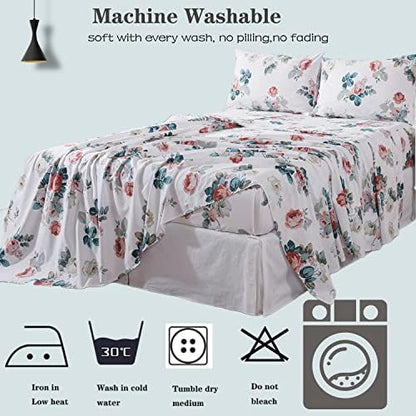 FADFAY King Size Sheets Pink Floral Bed Sheet Set Percale Cotton Shabby Vintage Rose Dark Blue Leaf Print White Sheet Set Chic Farmhouse Bedding Soft Crisp Breathable Deep Pocket Fitted Sheet 4Pcs