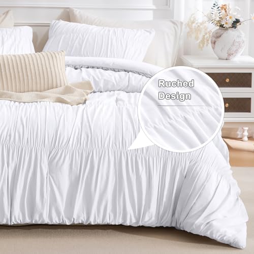 Masaca White Oversized King Comforter Set 120x120,Ruched Ruffle California King Bed Comforter Set Shabby Boho Chic Microfiber Extra Large Bedding Comforter 3PCS