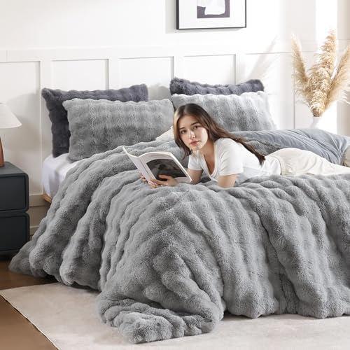 YIKUSH Full Faux Fur Comforter Set, Fluffy Light Gray Rabbit Fur Comforter