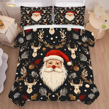 Black Christmas Bedding Set Santa Claus Comforter Full/Queen Size for Kids Girls Women Xmas Reindeer Holiday Bedroom Quilt Bed Sets, 1 Comforter 2 Pillowcases