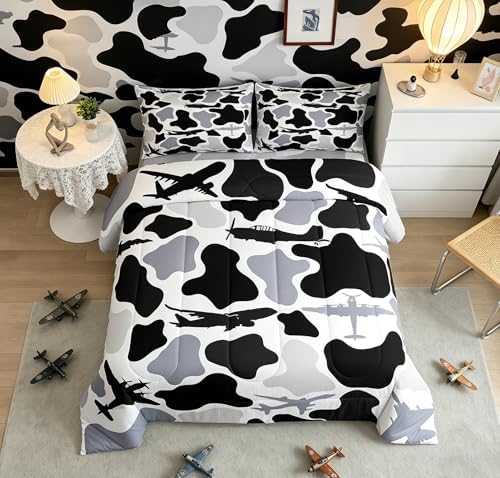 Feelyou Gray Airplane Kids Comforter Set Twin Size Camouflage Aircraft Bedding Set Camo Military Duvet Quilt for Kids Boys Girls Bedroom Army Fighter Airplanes Decor Microfiber Ultra Soft Breathable