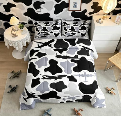 Feelyou Gray Airplane Kids Comforter Set Queen Size Camouflage Aircraft Bedding Set Camo Military Duvet Quilt for Kids Boys Girls Bedroom Decor Microfiber Ultra Soft Breathable
