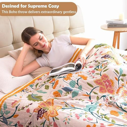 VANJOROY Boho Throw Blanket, 100% Organic Cotton Breathable Ultra Soft 91" x 108" King Bed Quilt Throw - All Season Floral Rustic Farmhouse Decor Luxury Blanket for Sofa Couch Chair and Gift