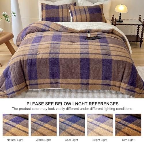 Cyusri Plaid Sherpa Comforter Set 3Pcs Fluffy Warm Fleece Down Alternative, Khaki Blue Grid Pattern Bedding Set with 2 Pillowcases, Queen Size 90"x90"