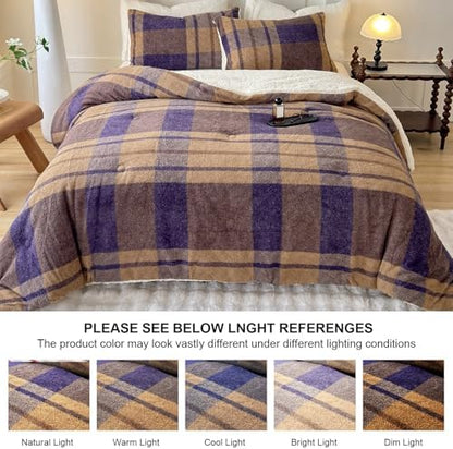 Cyusri Plaid Sherpa Comforter Set 3Pcs Fluffy Warm Fleece Down Alternative, Khaki Blue Grid Pattern Bedding Set with 2 Pillowcases, Queen Size 90"x90"