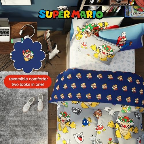Nintendo Super Mario Bowser Bedding Set, Twin Size 5 Piece Set Kids Super Soft Cozy Reversible Comforter and Sheet Set with Sham, (100% Officially Licensed Product) by Franco