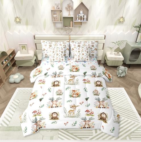 Erosebridal Woodland Animal 7 Piece Kids Comforter Set Kawaii Deer Hedgehog Squirrel Queen Bedding Set for Boys Girls Child Cartoon Animals Sheet Set Cute Mushroom Pine Cones Leaves Botanical Quilt