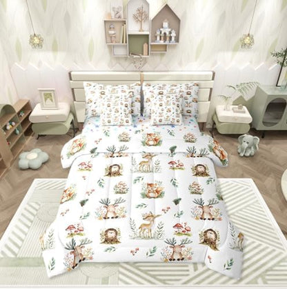 Erosebridal Woodland Animal 7 Piece Kids Comforter Set Kawaii Deer Hedgehog Squirrel Queen Bedding Set for Boys Girls Child Cartoon Animals Sheet Set Cute Mushroom Pine Cones Leaves Botanical Quilt