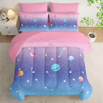 7Pcs Comforter Set Space Planet Multi Color Gradient Printed Bedding Set with 1 Comforter,1 Flat Sheet,1 Fitted Sheet and 4 Pillowcases for Boys and Girls Bedroom All Season(Full)