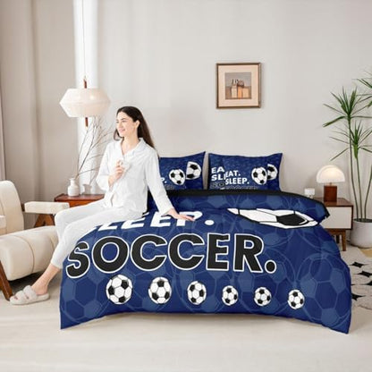 Erosebridal Navy Blue Soccer Gaming 7 Piece Bedding Set Twin | Ball Games Comforter Set with Sheets Football Sports Bed in A Bag Boys Kids Men Bed Sets