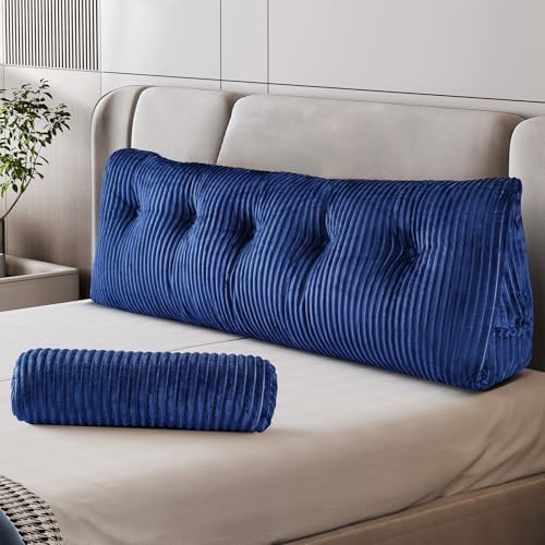 Z-hom Queen Wedge Headboard Pillow with 2 Roll Cushions, Large Reading Pillow for Bed Sitting Up, Triangular Backrest Cushion for Headboard, Ergonomic Support Pillow for Back Pain Relief, Blue