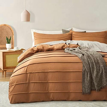 Oli Anderson 3PCS Pleated Duvet Cover Set, Pumpkin Brown, Queen