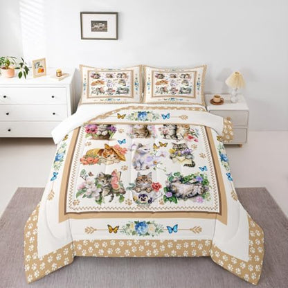 Cute Cats Kids Comforter Set King Size,Cartoon Animal Paws Print Toddler Bedding Set,Girls Boys Adults Room Decor,Butterfly Flowers Romantic Down Comforter,Bright Lovely Duvet Insert,2 Pillowcases
