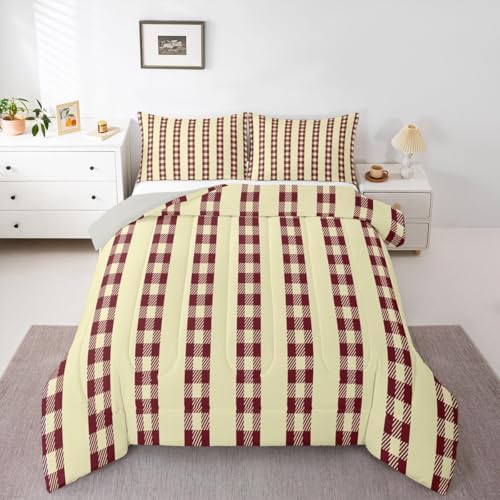 jejeloiu Red Brown Plaid Comforter Set All Season Stripes Bedding Set with 1 Pillow Cases Check Checkered Microfiber Kids Twin Bedclothes Grid Geometric Bedroom Decor Duvet Quilt Breathable Soft