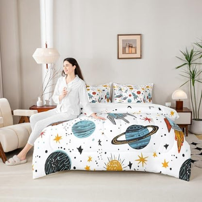 Erosebridal Outer Space Rocket 7 Piece Bedding Set Twin Galaxy Comforter Set with Sheets Kids Boys Cartoon Bed in A Bag Universe Starry Sky Cosmos Bed Sets with 2 Pillowcases, 2 Throw Pillow Covers