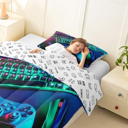 Feelyou Gamer Comforter Set All Season Gaming Bedding Set with 1 Pillow Cases Game Room Decor Microfiber Kids Toddler Bedclothes Gamepad Bedroom Decor Green Duvet Quilt Breathable Soft Lightweight