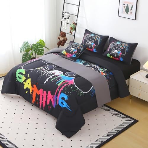 JQinHome Full Gamer Comforter Sets for Boys,6 Piece Bed in A Bag 3D Video Gamer Bedding -All Season Microfiber Gaming Bedding Set for Kids, with Sheet Sets (Black Gaming)