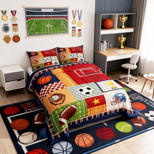 Boys Football Comforter Set Cartoon Ball Sports Themed Bedding Set for Kids Teens Child Room Decor Colorful Geometric Grid Stripes Quilted Duvet Cute Baseball Rugby Duvet Insert Twin Size
